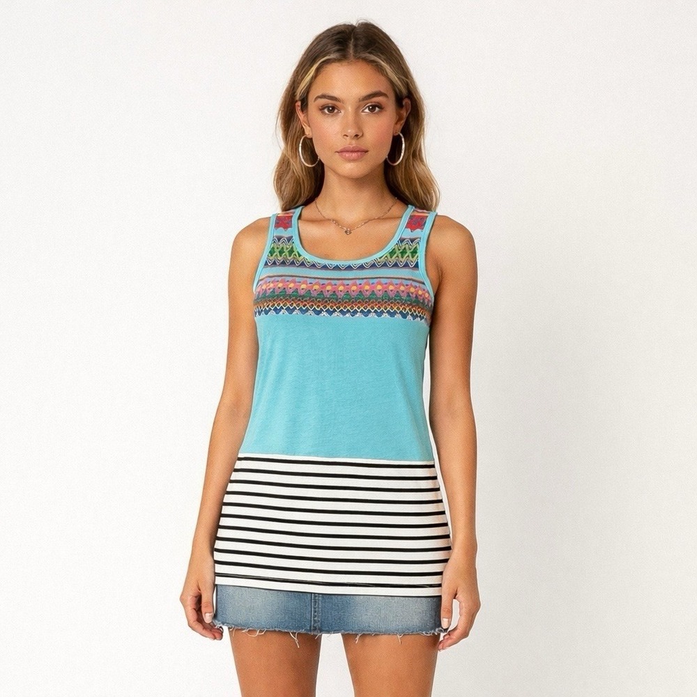 Womens Sun and Moon Embroidered Tank Top‎ Medium Boho Multicolor Rayon Spandex